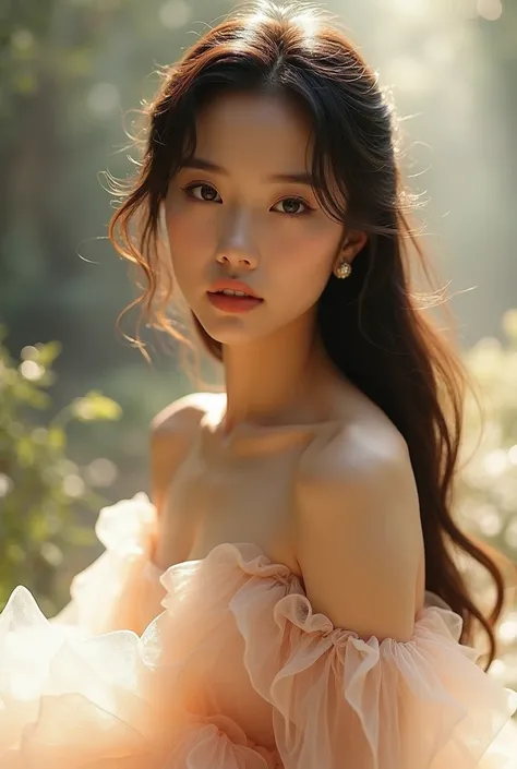 beautiful asian lady with big eyes lady with sharp facial features, long open hairs loosely tied with elegance (((very beautiful long and white fairy like shiny puffed designer dress))), with intricate folds and pleats that give off a luxurious air, combin...