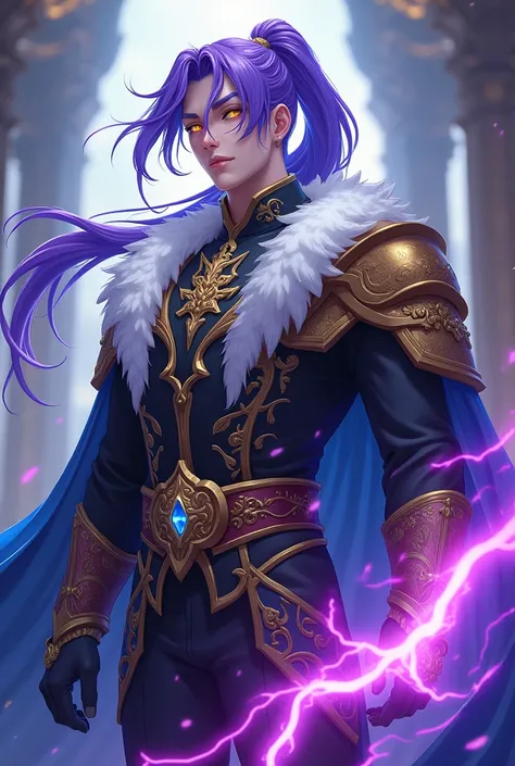 A white man with long hair with a purple ponytail with sky blue tips with golden eyes is dressed like a king from the Middle Ages and has a purple lightning bolt in his hand.(anime style)