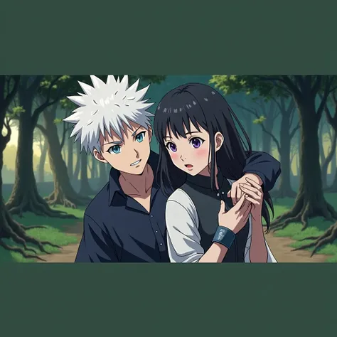 Gojo Satoru (Jujutsu Kaisen) with uchiha kiyomi in the forest 