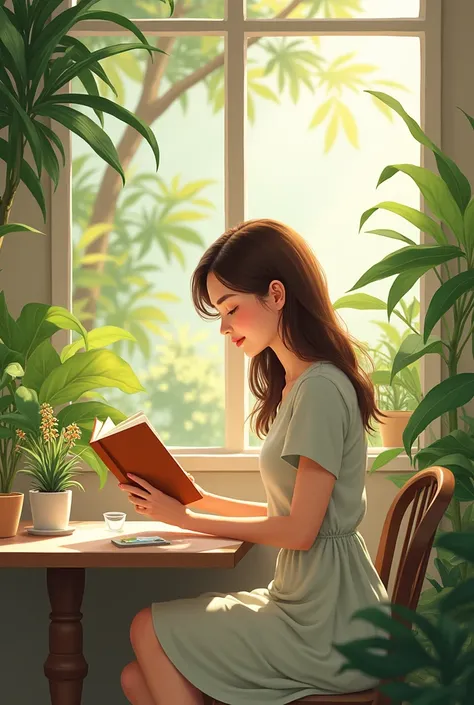 Healthy skin tone。Neat semi-long dress。Refreshing illustrations。Reading in a cafe surrounded by greenery。
Her hair is a slightly lighter brown。