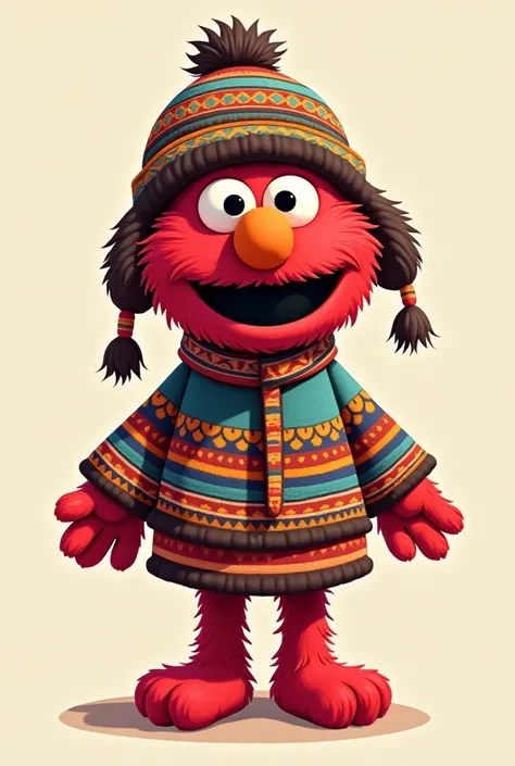 Generate me a 2d cartoonish Andean Elmo, add an Andean hat and have both arms down, make it more Elmo but with his chullo(Peruvian Andean cap)
 with his poncho