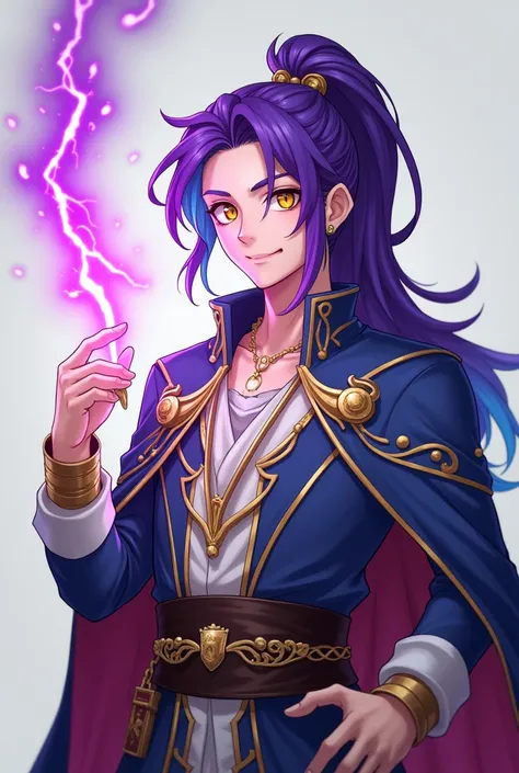 A white man with a cheerful and carefree attitude with long hair with a purple ponytail with light blue tips with golden eyes is dressed like a king from the Middle Ages and has a purple lightning bolt in his hand (anime style)