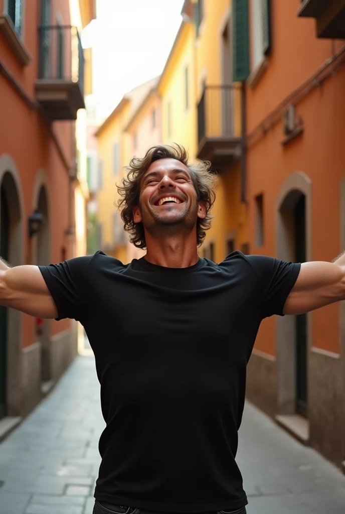 Create a slim fit men&#39;s gospel t-shirt, In the black color, with the design of two open arms, as if you were going to hug someone, in large size The model wearing it is a very strong-armed, exuberant, middle-aged Caucasian man, curly hair in brown colo...