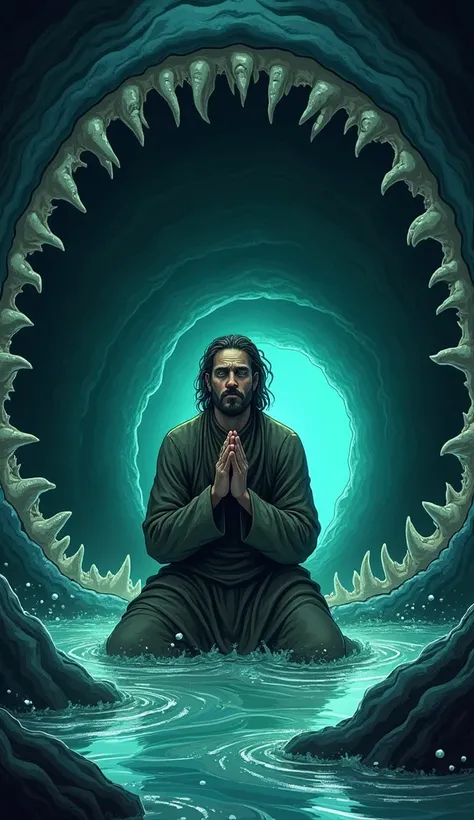 Jonah inside the stomach of the big fish, praying in repentance. The inside of the stomach is kind of light and moist, with soft lights illuminating his expression of reflection and despair.
Imagem comics 