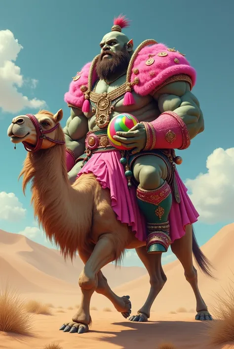 create an ogre wearing pink armor,holding a Christmas candy and riding a camel