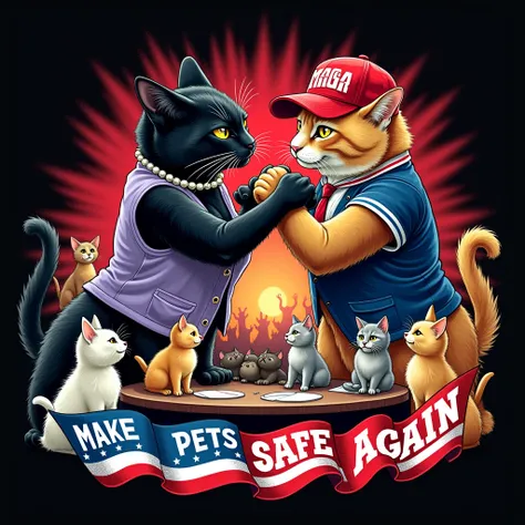 realistic vibrant,black background T-shirt design political-centric theme depicting 2 anthropomorphic cats arm wrestling (2 cats arm wrestling on a table), a black sleazy female cat,wearing a white pearl necklace and a light purple vest on the left is arm ...