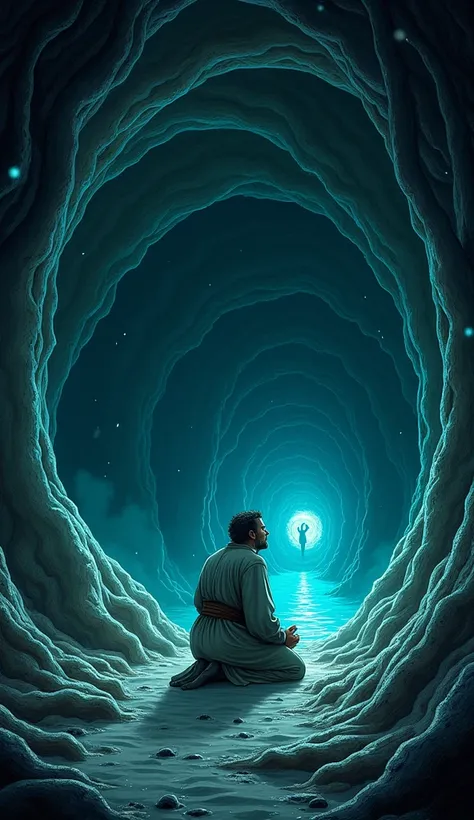 Jonah inside the stomach of the big fish, praying in repentance. The inside of the stomach is kind of light and moist, with soft lights illuminating his expression of reflection and despair.
Imagem comics 