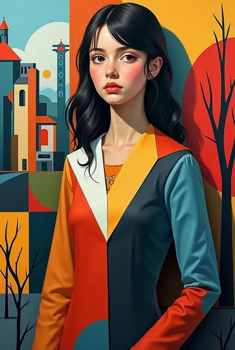 A painting with a girl in cubism style 