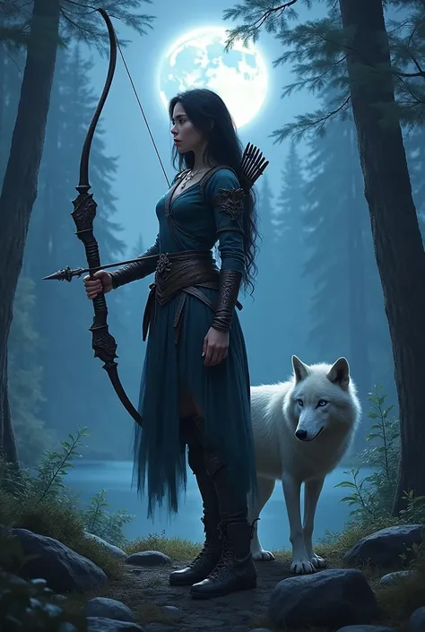 A fierce, black-haired, long-haired woman with broad shoulders, blue eyes, wearing archers clothing, holding a bow in one hand and an arrow in the other, standing beside a white wolf under the moonlight, near a lake with the moons reflection, in a nighttim...