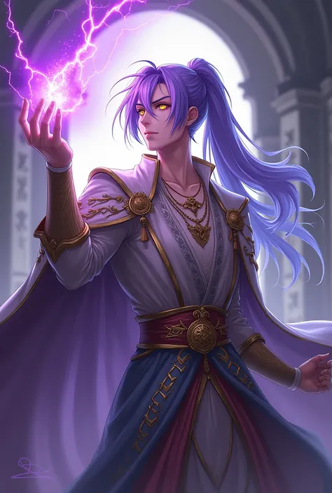 A white man with a carefree attitude with long purple ponytail hair with light blue tips with golden eyes is dressed like a king from the middle ages and has a purple lightning bolt in his hand (anime style)