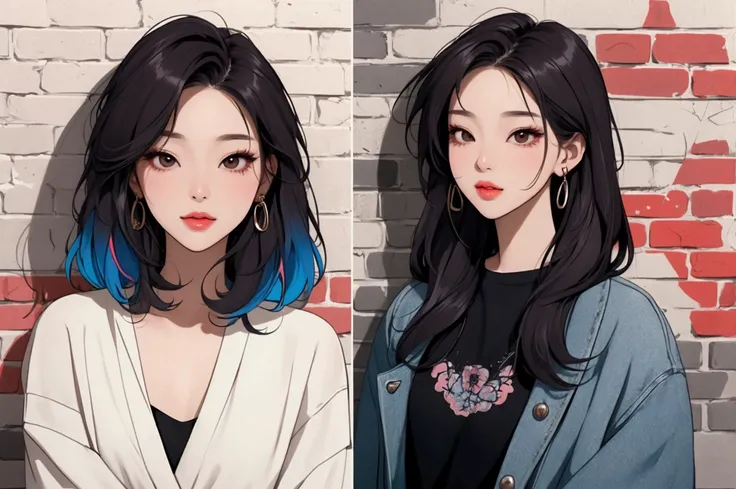 a woman in korean, style s80, with shiny hair, with model poses, with stylish model clothes, listening to old music and enjoying and feeling satisfaction, lofi hip hop, blurring the background,on a brick wall with peeling details with graffiti on the wall,...