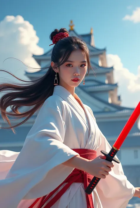 Looking at viewer typography says "Sheriel" Background Japanese concept castel, , skyhight , awan exposure langit cerah,menakjubkan, ornamen pendukung fraktal efect merkuri red, a girl with glasses holding a red katana Pose by swinging it with incredible p...