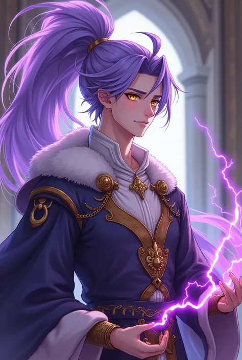 A white man with a carefree attitude with long purple ponytail hair with light blue tips with golden eyes is dressed like a king from the middle ages and has a purple lightning bolt in his hand (anime style)