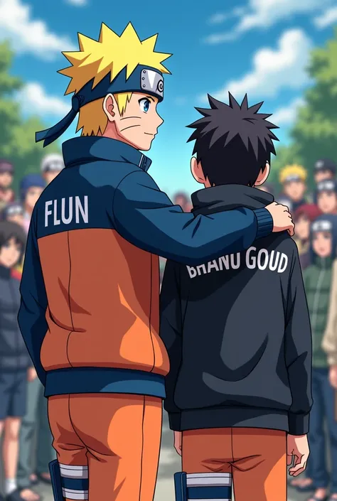 Naruto uzumaki and  teenager they putting hands on shoulders that boy weard black trak and wear hoddy having name of bhanu goud on hoddy and their bodys facing front to observer view behind them is with all characters of Naruto 