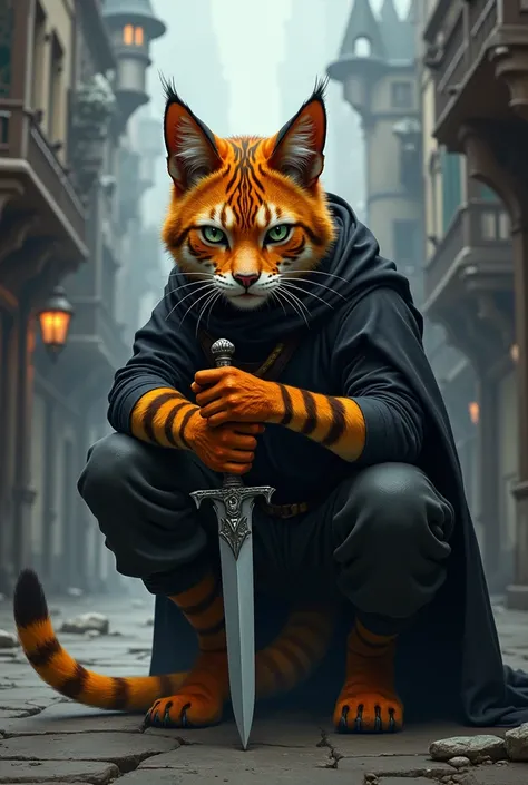 score_9, score_8_up, score_7_up, (fantasy buildings, fantasy DnD-style city on background),
 ((catfolk), anthro, solo, male, teenager (closeup portrait, focus on face, crouch), (holding dagger, assasin, rogue), ((wearing dark robe with cape)), (orange cat ...