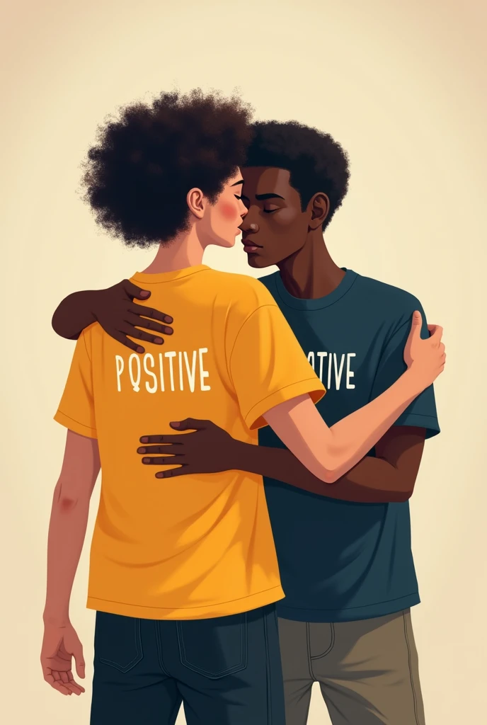 a person with a t-shirt that says "positive" hugging another person with a t-shirt that says "Negative".