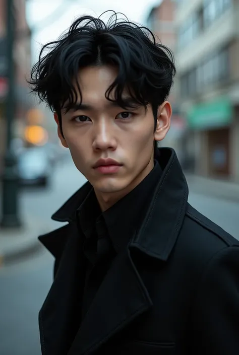 Korean Australian, 20-years old, male with soft black hair, sharp features, young, gentle, with bad boy vibe, actor, no facial hair, good fashion sense
