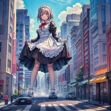 ((girl in a giant maid outfit))　(((a giant girl is walking between buildings))) 

composition seen from below blue sky, thunderc...