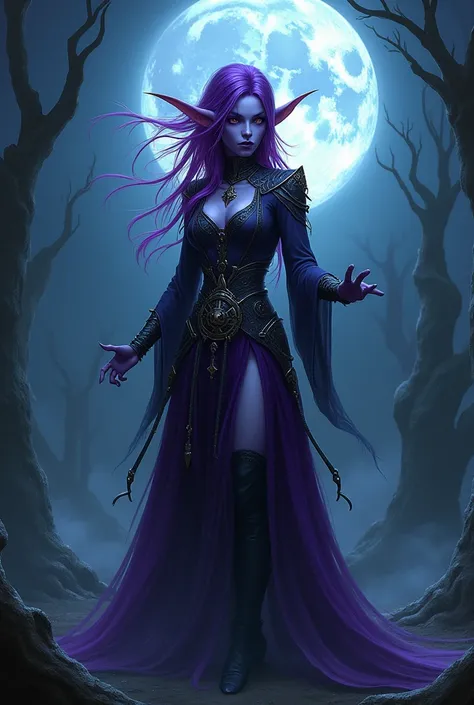 A high moon elf,  with purple skin,  planted colored hair, scary in necromancer clothes 