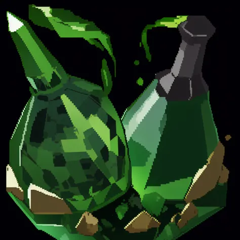 green potions inside crystal containers,Simple background, pure black background, masterpiece,best,quality,pixel,pixel art,xiansu,xiang su,pixelart, masterpiece,best,quality