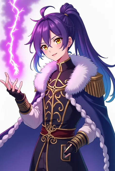 A white man with a cheerful and carefree attitude with long hair with a purple ponytail with light blue tips with golden eyes is dressed like a king from the Middle Ages and has a purple lightning bolt in his hand (anime style)