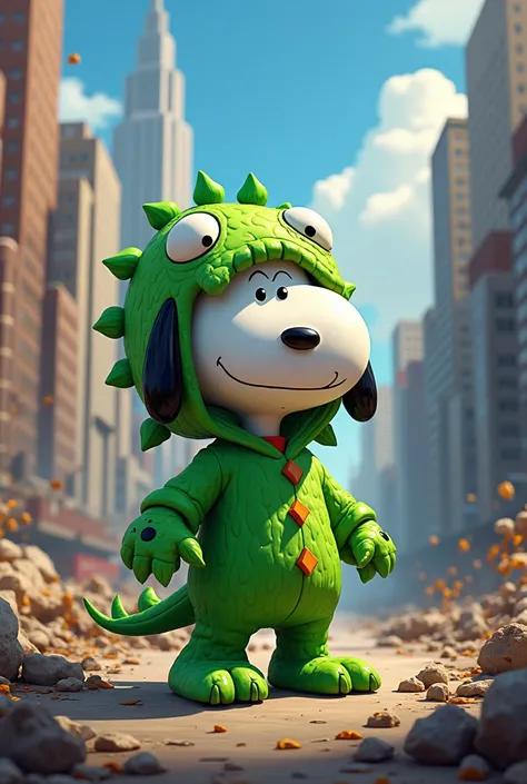 Snoopy，wearing green monster costumes，In the city destruction