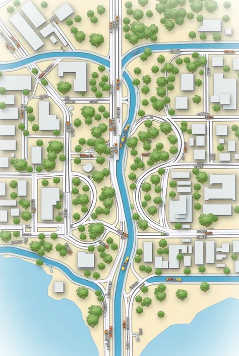  urban map showing a well-planned street network, Differentiating between vehicle paths and pedestrian paths.