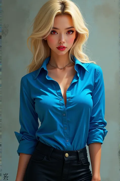 Chinese, blonde hair, red eyes, blue shirt, black pants, female, handsome