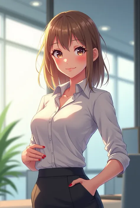 Healthy skin tone。Medium-long light brown hair。
Shirt blouse long skirt。Office Lady。Anime-style and refreshing。Eyes should not be too big。