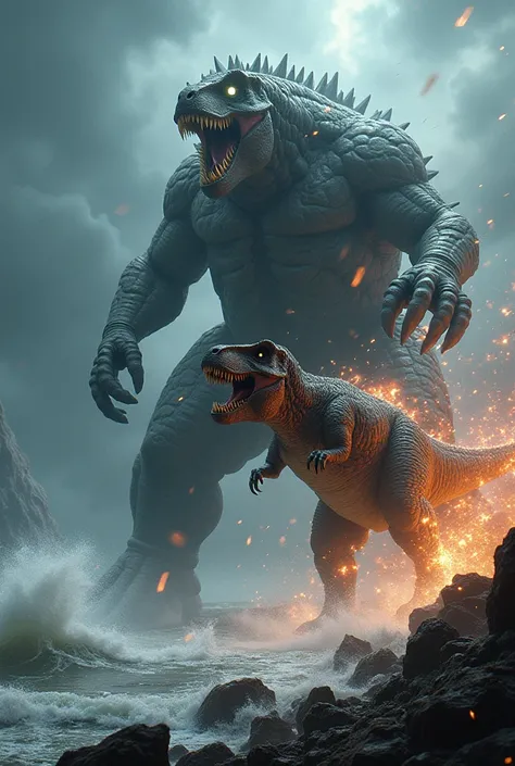 a dinosaur vs a kaiju from pacific titans