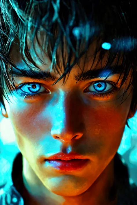 Close-up of a man&#39;s eyes、Sharp Eyes、blue eyes、Young Japanese man、close up of one eye、Dark Room、Cyberpunk、Photorealistic、3d、Male, around 30 years old、Images with high contrast