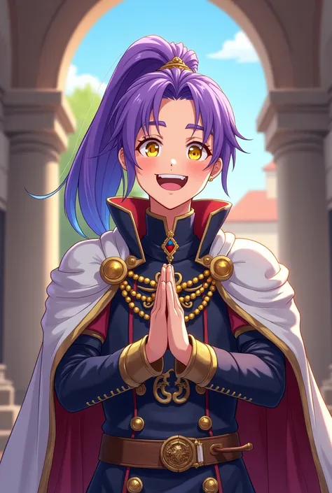 A white man with a cheerful and carefree attitude with long hair with a purple ponytail with light blue tips with golden eyes is dressed like a king from the Middle Ages (anime style)