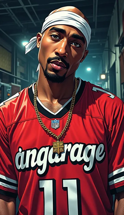 Tupac with bandana,nfl jersey,angarage text on jersey,anime,manga