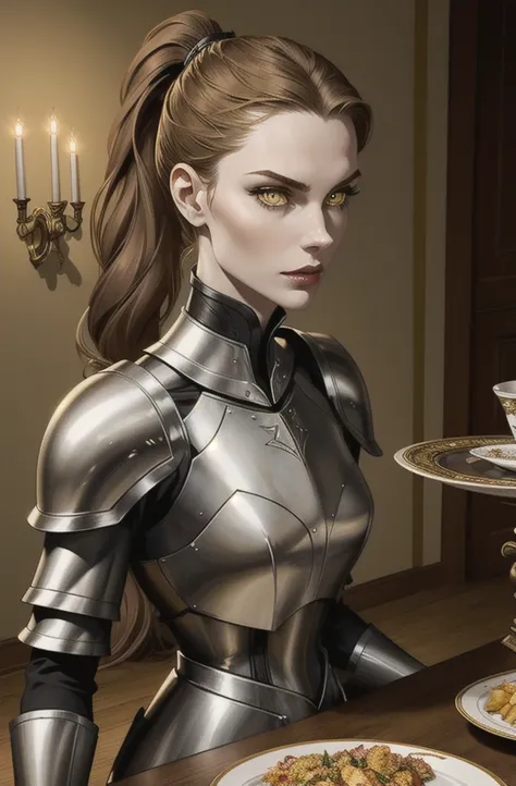 Female, light brown hair, messy ponytail, light yellow eyes, pale skin, slender, prominent cheekbones, fancy plate armour