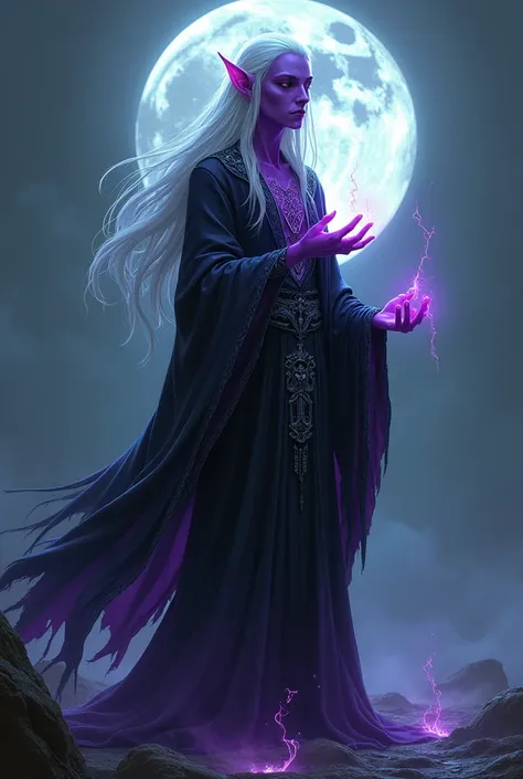 A purple-skinned moon high elf,  long white hair,  scary in necromancer clothes 