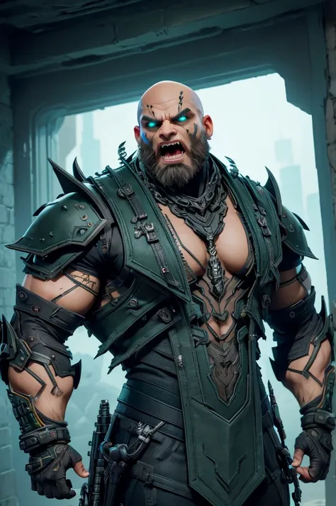 Villain, sci fi male ugly as a boar, angry roar, mouth open in an angry cry, boars face, big muscular and bald with big silver metal mohawk, cybernetic face, Xtreme, open black torn leather vest, dirt on his clothes and face, black outfit, bald with  big s...