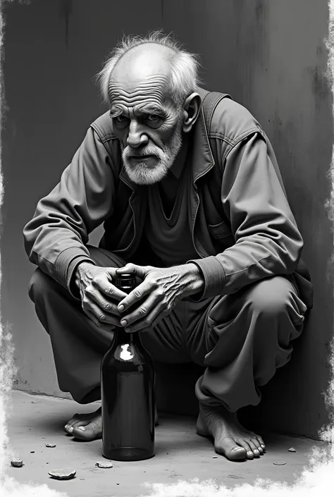 old man crouching, holding a bottle ,without black and white background 
