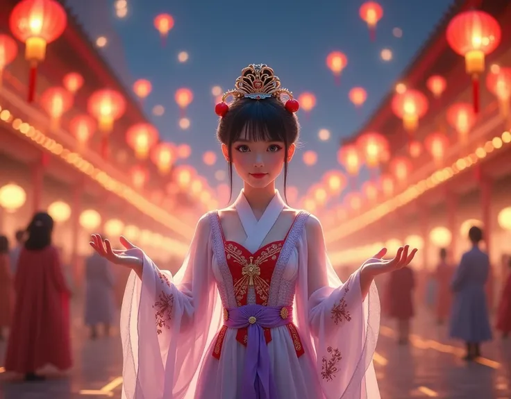 photorealistic, masterpiece, photorealistic, high resolution, soft light, full body, hips up, blue eyes, black hair, short hair, Intricate details EABA, violet silk cloaks, Red paper lanterns, floating in the sky, Mid-Autumn Festival, Loyal Dancer, splendi...