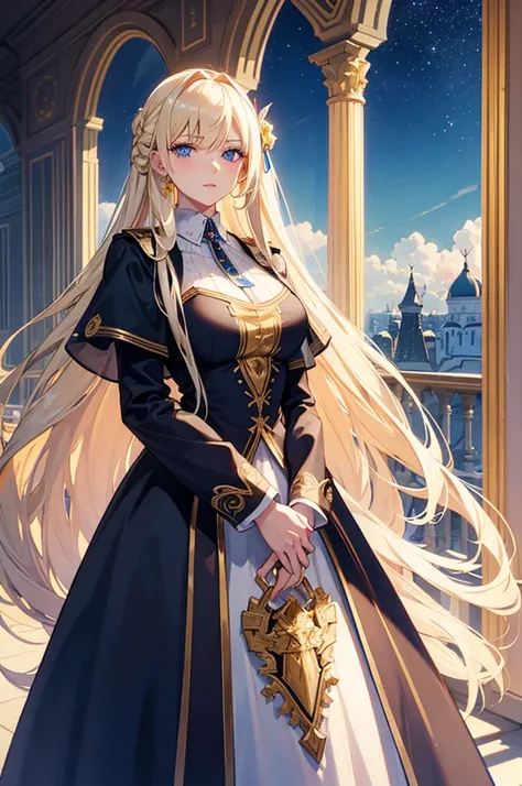 adult russian woman, long blonde hair with blue eyes dressed like royalty