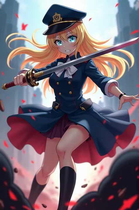 blonde girl with blue eyes. She wears a white eye patch and a black hat.. She wears a female military commander outfit in dark blue.. and black socks and black shoes. She is sarcastic and malicious, very strong. She has very long hair. She holds a sword. S...