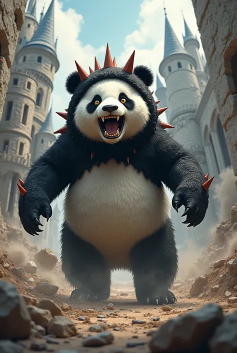 panda，Wear a monster costume，Destroying the castle