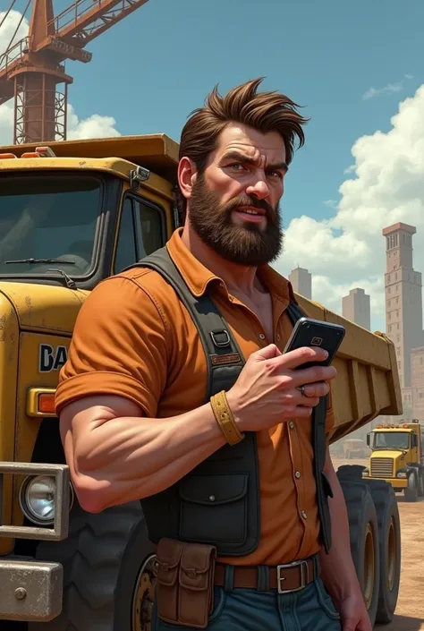 brown-haired man, eyes not so big, bushy eyebrows, light skin, of tall stature, Driving a dump truck and holding a cell phone in his hand 