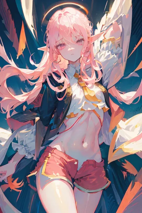 ((Masterpiece: 1.5, Best Quality, High Resolution: 1.3, Super Resolution, Super Detailed, Ultra Detailed: 1.3, Perfect Anatomy: 1.5, 1 girl) Pale skin + Long pink curly hair + Pink eyes + Long eyelashes + Female figure, (Loose silk shorts, Very long-sleeve...