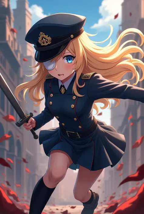 blonde girl with blue eyes. She wears a white eye patch and a black hat.. She wears a female military commander outfit in dark blue.. and black socks and black shoes. She is sarcastic and malicious, very strong. She has very long hair. She holds a sword. S...