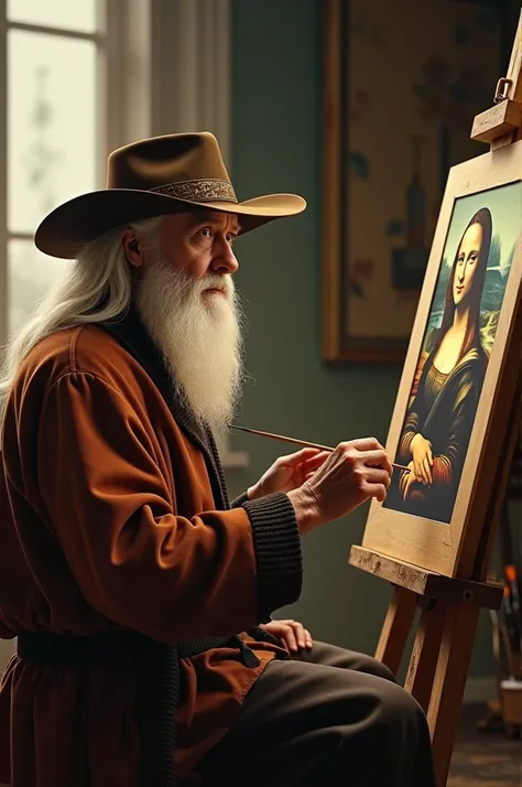 Draw a portrait of what Da Vinci&#39;s life would be like now, that this is your body and your face. The East painting a canvas of the Mona Lisa, and apart from his physical characteristics being long white hair, his common hat and white beard