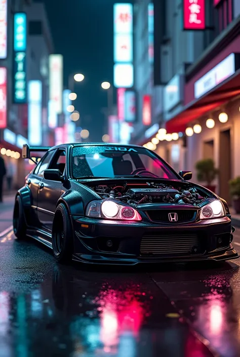 a honda civic kit car, highly detailed, hyper realistic, detailed engine, turbocharger, custom body kit, neon lights, Tokyo street, rainy night, motion blur, volumetric lighting, 8k, photorealistic, award-winning quality, intricate details, vibrant colors,...