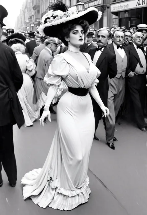 a beautiful well-endowed 13yo gibson girl coquettishly sashaying along a crowded street. year 1903. 1900_dr3ss. girl wearing an ...