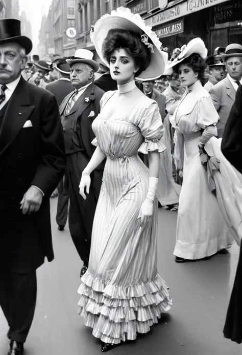 a beautiful well-endowed 13yo gibson girl coquettishly sashaying along a crowded street. year 1903. 1900_dr3ss. girl wearing an ...