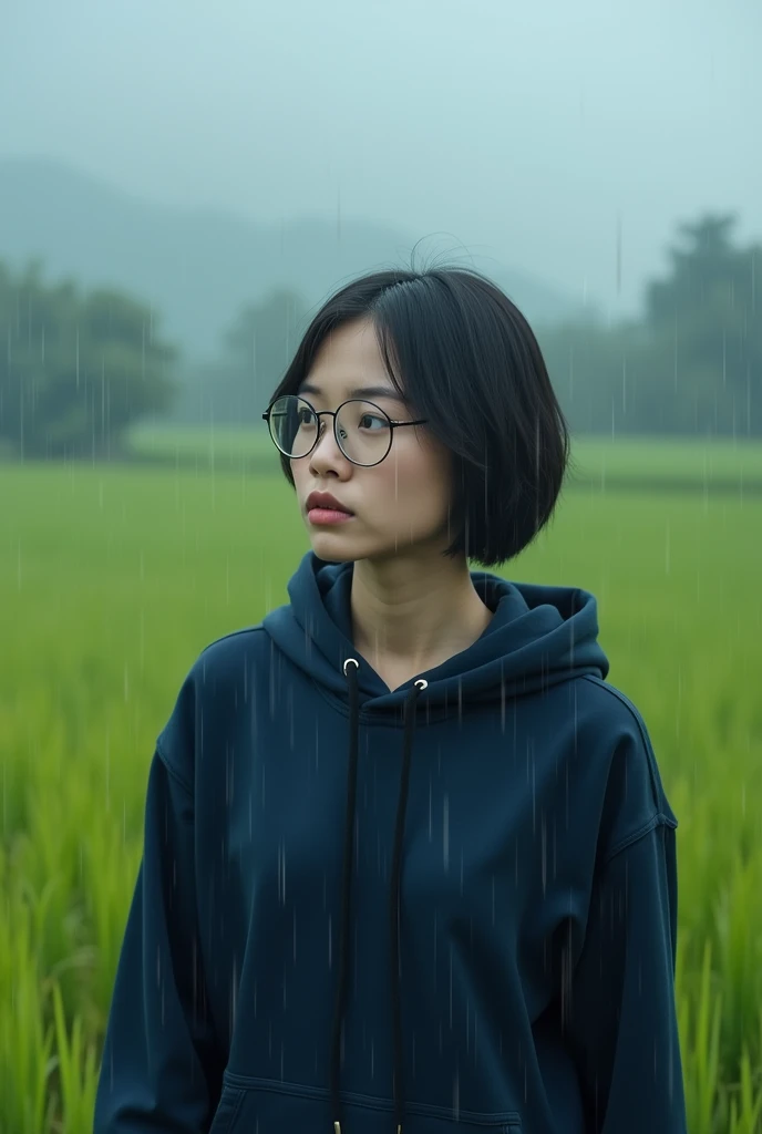 (Realistic) Realistic image (Asian woman), (Slim figure), (short hair), (White skin), (Dark Eyes), Wearing a navy blue hoodie, walking in heavy rain (Serious face), (Wear glasses), capture (Kodak color film style), Featured (Rough texture), Picturesque (Wi...