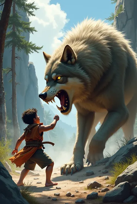 Boy and wolf fight